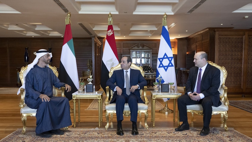 Abu Dhabi's Crown Prince Mohammed bin Zayed Al Nahyan, Egyptian President Abdel Fattah Al-Sisi, and Israeli Prime Minister Naftali Bennett meet in Sharm El-Sheikh, Egypt on Mar. 22, 2022. (Handout photo via WAM)