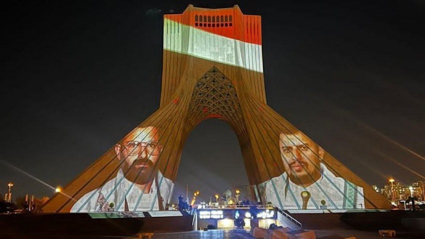 Images of Houthi leaders being displayed on the Azadi Square monument in Tehran, Iran on Mar. 25, 2022. (Source: Sepahcybery/ Telegram)