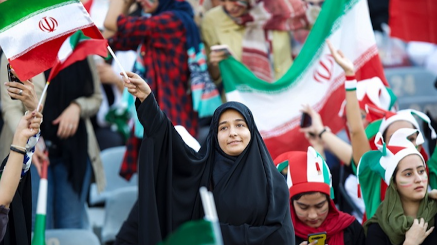 Iranian female football fans support the national team in a 2022 FIFA World Cup qualifier at Azadi Stadium in Tehran on Oct. 10, 2019. (Photo by Mehdi Bolourian via Fars News Agency)