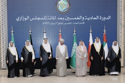 Family photo taken during the GCC's ministerial meeting in Riyadh on Apr. 7, 2022. (Handout photo via Kuwait's ministry of foreign affairs)