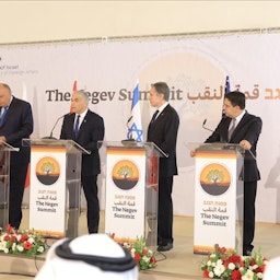 Foreign ministers of Bahrain, Egypt, Israel, Morocco, the UAE and the US attend the Negev Summit in southern Israel on Mar. 28, 2022 (Handout by Israeli foreign ministry)