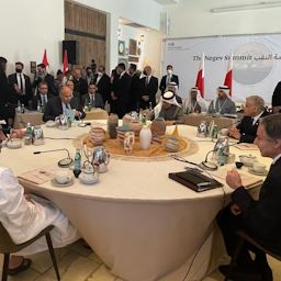 US Secretary of State Antony Blinken and UAE Foreign Minister Sheikh Abdullah bin Zayed  Al Nahyan attend the Negev Summit in southern Israel on Mar. 28, 2022. (Handout by Egyptian foreign ministry)