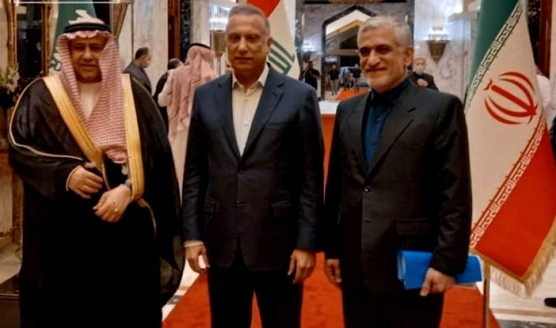 Iraq's then prime minister (C) hosts Saudi Arabia's intelligence chief (L) and the deputy secretary of Iran's Supreme National Security Council (R) in Baghdad on Apr. 21, 2022. (Photo via Nour News)