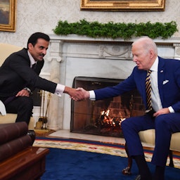 US President Joe Biden hosts Qatari Emir Sheikh Tamim Bin Hamad Al Thani in the White House on Jan. 31, 2022 in Washington DC. (Photo via Getty Images)