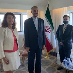 Swedish Foreign Minister Ann Linde and Iranian top diplomat Hossein Amir-Abdollahian meet in New York City on Sep. 25, 2021. (Photo via Iranian Foreign Ministry)