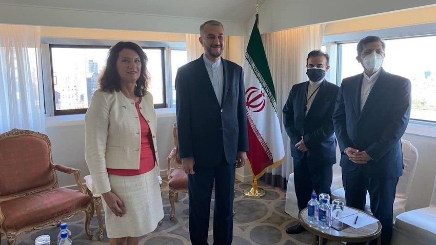 Swedish Foreign Minister Ann Linde and Iranian top diplomat Hossein Amir-Abdollahian meet in New York City on Sep. 25, 2021. (Photo via Iranian Foreign Ministry)