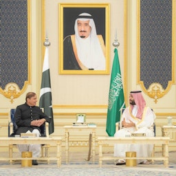 Pakistani Prime Minister Shehbaz Sharif meets Saudi Crown Prince Mohammed bin Salman Al Saud in Jeddah on Apr. 29, 2022. (Handout via the Saudi foreign ministry)
