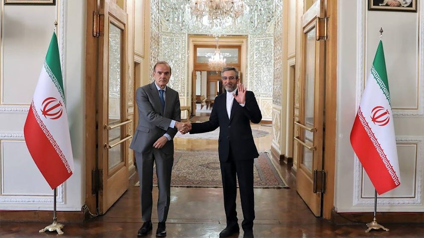 Iranian Deputy Foreign Minister Ali Baqeri-Kani meets EU deputy foreign policy chief Enrique Mora in Tehran on May 13, 2022. (Handout by Iranian foreign ministry)