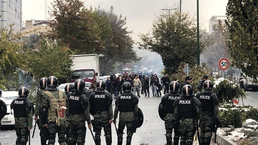 Riot police dispatched to quell protests in Tehran, Iran on Nov. 16, 2019. (Photo via Mehr News Agency)
