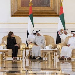  UAE President Sheikh Mohammed bin Zayed Al Nahyan hosts a senior US delegation in Abu Dhabi on May 16, 2022. (Handout by WAM)