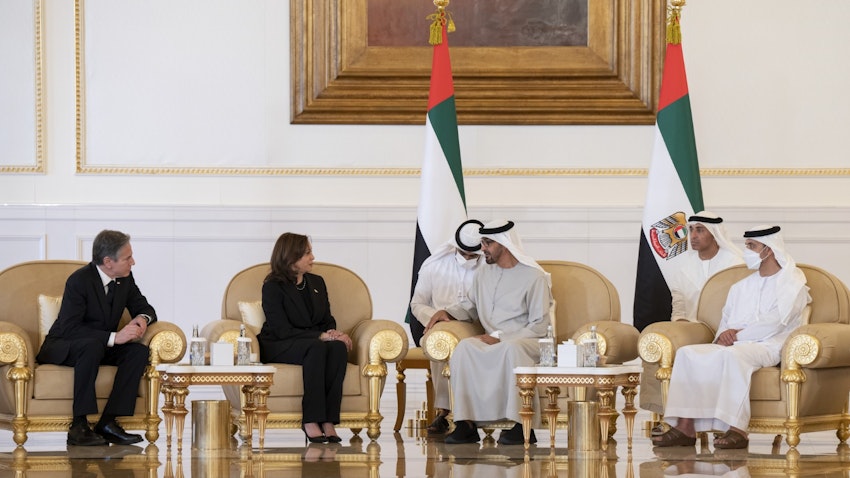  UAE President Sheikh Mohammed bin Zayed Al Nahyan hosts a senior US delegation in Abu Dhabi on May 16, 2022. (Handout by WAM)