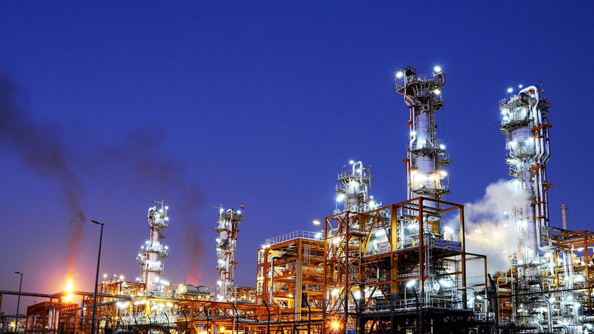 A night view of the refineries of the South Pars Gas Complex in Assaluyeh, Iran on Mar. 11, 2019. (Photo by Hassan Hosseini via Shana)