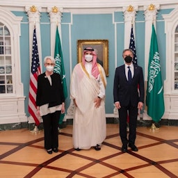 Saudi Deputy Defense Minister Khalid bin Salman Al Saud poses with US Secretary of State Antony Blinken and Deputy Secretary of State Wendy Sherman in Washington on May 21, 2022. (Handout photo via the Saudi Ministry of Defense)
