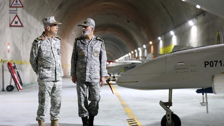 Chief of Staff of the Iranian Armed Forces Mohammad Baqeri visits a secret drone base on May 28, 2022. (Source: projectmeshkat/Twitter)