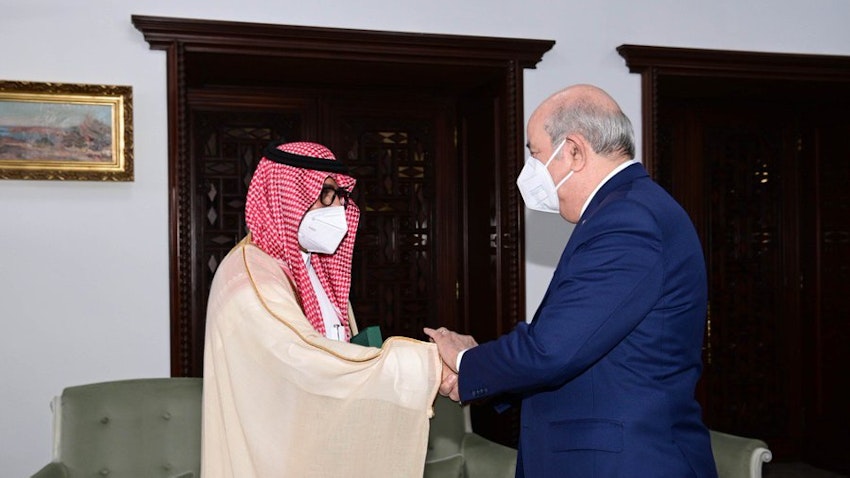 Algerian President Abdelmadjid Tebboune receives Saudi Arabia's ambassador in Algiers, Algeria on Apr. 19, 2022. (Source: AlgPresidency/Twitter)