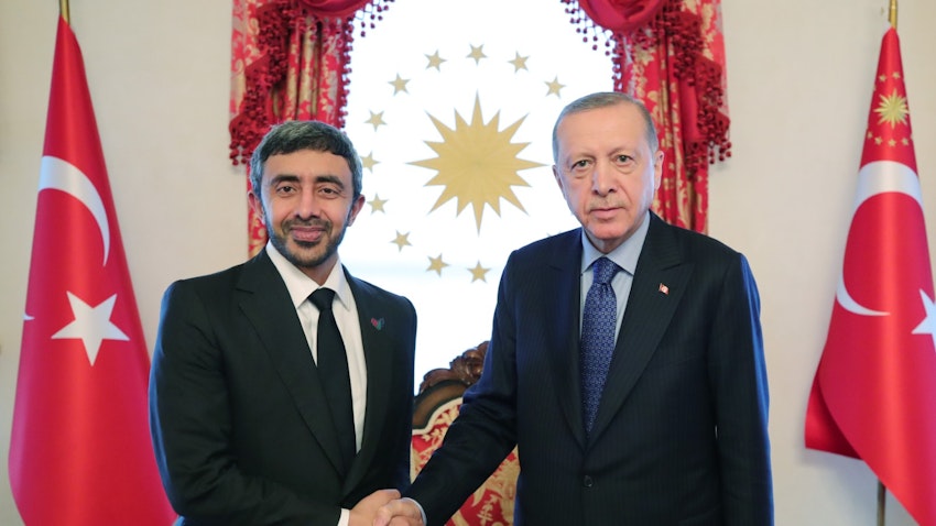 Turkish President Recep Tayyip Erdogan receives Emirati Foreign Minister Sheikh Abdullah bin Zayed Al Nahyan in Istanbul on May 28, 2022. (Handout photo via WAM)