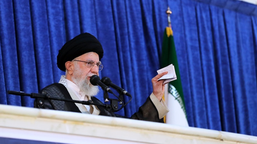 Iran's Supreme Leader Ayatollah Ali Khamenei speaks to mark the 33rd anniversary of the death of revolutionary leader Ruhollah Khomeini in Tehran on June 4, 2022. (Photo via Iran’s supreme leader’s website)