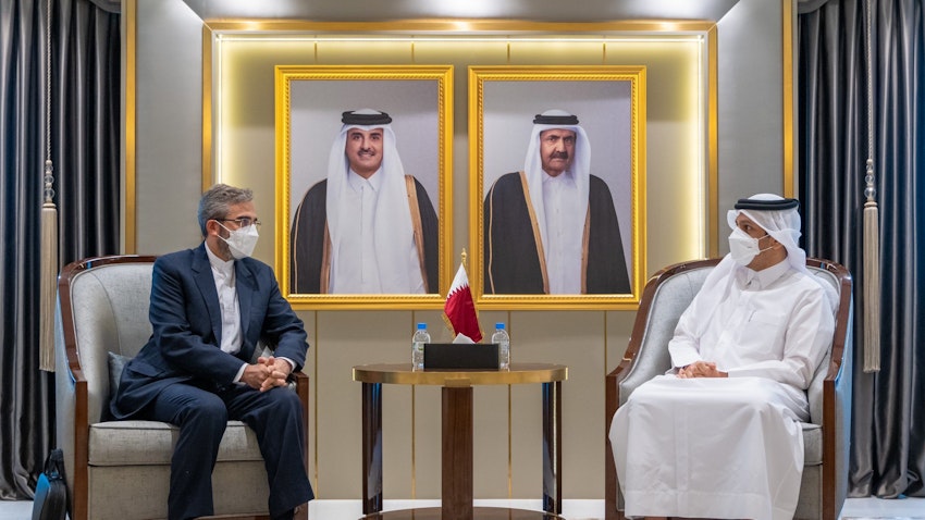 Iranian lead nuclear negotiator Ali Baqeri-Kani meets Qatar's chief diplomat in Doha on Oct. 4, 2021. (Handout photo via Qatar's foreign ministry)