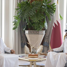 Emirati National Security Advisor Sheikh Tahnoon bin Zayed Al Nahyan meets Qatari Emir Sheikh Tamim bin Hamad Al Thani in Doha on Jun. 28, 2022. (Handout photo via WAM)