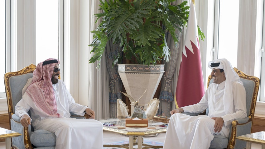 Emirati National Security Advisor Sheikh Tahnoon bin Zayed Al Nahyan meets Qatari Emir Sheikh Tamim bin Hamad Al Thani in Doha on Jun. 28, 2022. (Handout photo via WAM)