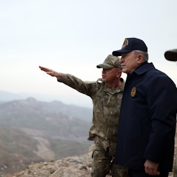 Turkish Defense Minister Hulusi Akar visits a Turkish military base near the Turkey-Iraq borders on Apr. 25, 2022. (Photo via tcsavunma/Twitter)