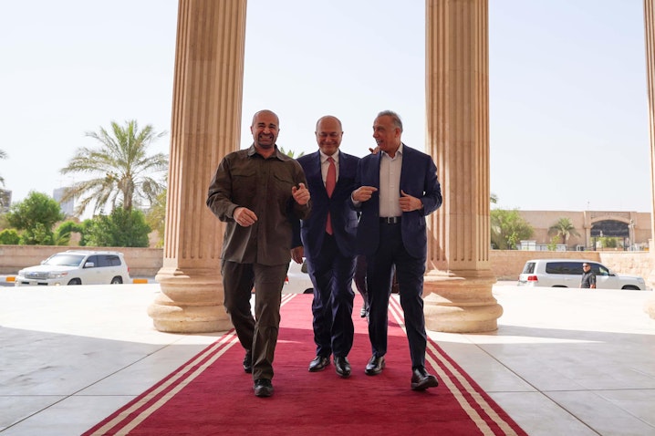 PUK leader Bafel Talabani, Iraqi President Barham Salih, and Iraqi Prime Minister Mustafa Al-Kadhimi walk into the PUK’s headquarters in Baghdad, Iraq on July 7, 2022. (Source: Bafel Jalal Talabani/Facebook)