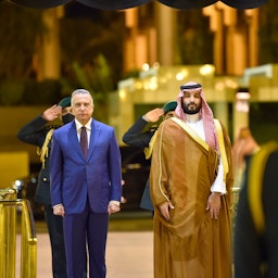  Saudi Crown Prince Mohammed bin Salman Al Saud welcomes the Iraqi Prime Minister Mustafa Al-Kadhimi in Jeddah, Saudi Arabia on June 26, 2022. (Source: IraqiPMO/Twitter)