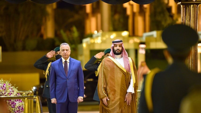  Saudi Crown Prince Mohammed bin Salman Al Saud welcomes the Iraqi Prime Minister Mustafa Al-Kadhimi in Jeddah, Saudi Arabia on June 26, 2022. (Source: IraqiPMO/Twitter)