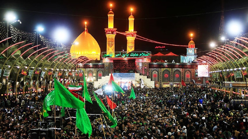 Shiite Muslims perform a mourning ritual during the annual pilgrimage of Arbaeen in Karbala, Iraq on Nov. 23, 2016. (Photo via Hawzahnews)