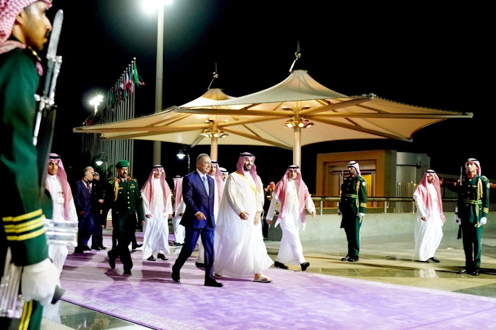 Saudi Crown Prince Mohammad bin Salman Al Saud receives Iraqi Prime Minister Mustafa Al-Kadhimi in Jeddah, Saudi Arabia on July 15, 2022. (Source: IraqiPMO/Twitter)