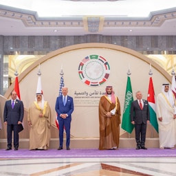 A family photo of the 2022 Jeddah Security and Development Summit on July 16, 2022. (Handout photo via Saudi Ministry of Foreign Affairs)