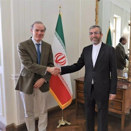 Iranian nuclear negotiator Ali Baqeri-Kani meets EU deputy foreign policy chief Enrique Mora in Tehran, Iran on Mar. 27, 2022. (Photo via Iranian Foreign Ministry)