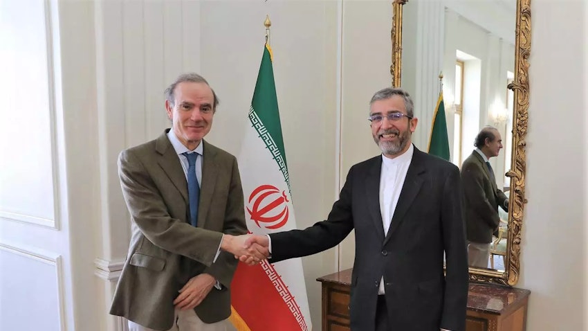 Iranian nuclear negotiator Ali Baqeri-Kani meets EU deputy foreign policy chief Enrique Mora in Tehran, Iran on Mar. 27, 2022. (Photo via Iranian Foreign Ministry)