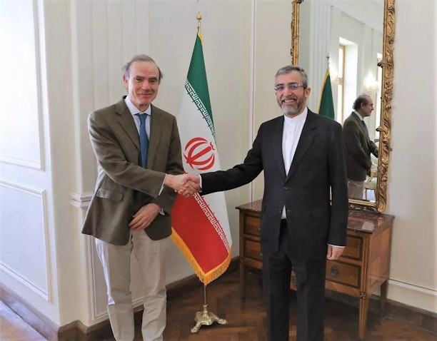 Iranian nuclear negotiator Ali Baqeri-Kani meets EU deputy foreign policy chief Enrique Mora in Tehran, Iran on Mar. 27, 2022. (Photo via Iranian Foreign Ministry)