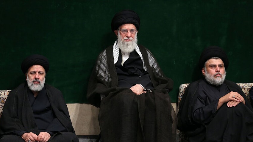 Iranian Supreme Leader Ali Khamenei, Iranian President Ebrahim Raisi and the influential Iraqi Shiite cleric Muqtada Al-Sadr in Tehran, Iran on Sept. 11, 2019. (Photo via Iran's supreme leader's website)