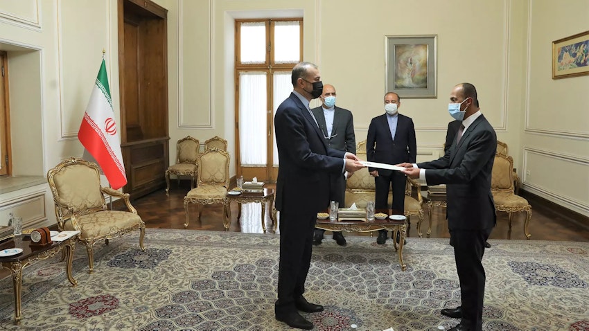 New Kuwaiti ambassador to Iran Bader Abdullah Al-Munaikh hands his credentials to Iranian Foreign Minister Hossein Amir-Abdollahian in Tehran on Aug. 13, 2022. (Photo via Iranian Foreign Ministry)