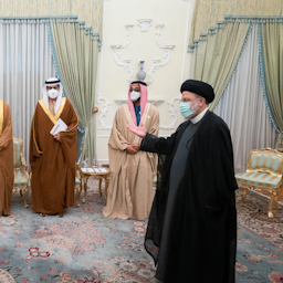 Iranian President Ebrahim Raisi welcomes an Emirati delegation led by the UAE's national security adviser, Sheikh Tahnoon bin Zayed Al Nahyan in Tehran, Iran on Dec. 6, 2021. (Photo via IRNA)