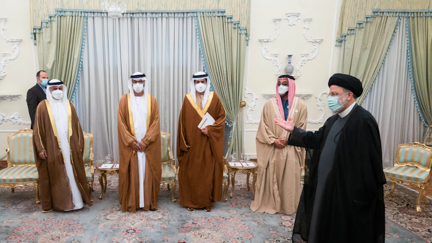 Iranian President Ebrahim Raisi welcomes an Emirati delegation led by the UAE's national security adviser, Sheikh Tahnoon bin Zayed Al Nahyan in Tehran, Iran on Dec. 6, 2021. (Photo via IRNA)