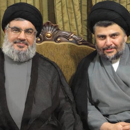 Iraqi Shiite cleric and politician Muqtada Al-Sadr with Hezbollah chief Hassan Nasrallah in Beirut, Lebanon on Apr. 15, 2016. (Photo via Rajanews)