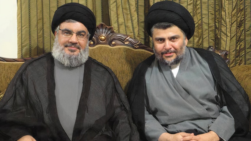 Iraqi Shiite cleric and politician Muqtada Al-Sadr with Hezbollah chief Hassan Nasrallah in Beirut, Lebanon on Apr. 15, 2016. (Photo via Rajanews)