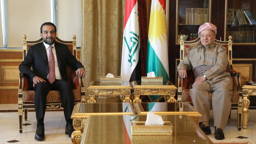 رئيس مجلس النواب محمد الحلبوسي وزعيم الحزب الديمقراطي الكردستاني مسعود بارزاني في أربيل، العراق. 11 سبتمبر/أيلول 2022 (المصدر: المكتب الإعلامي لرئيس مجلس النواب عبر تويتر)