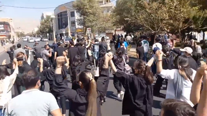 Protesters, including women without headscarves, marched in Karaj on Oct. 8, 2022. (Photo via social media)