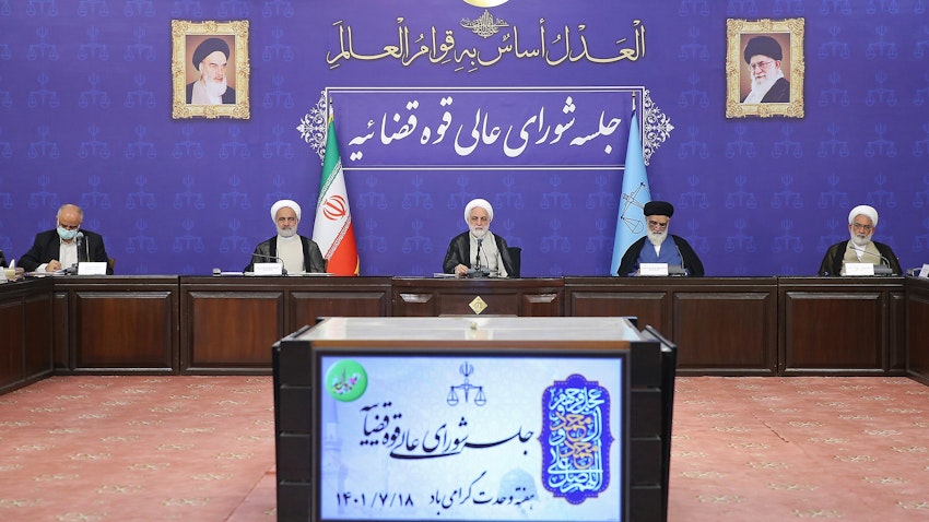 Iran's Chief Justice Gholamhossein Mohseni-Ejei addressing a gathering of judiciary officials in Tehran on Oct. 10, 2022. (Photo via Mizan News Agency)