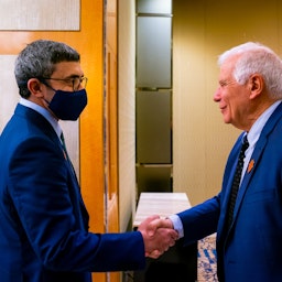 UAE Minister of Foreign Affairs and International Cooperation Sheikh Abdullah bin Zayed Al Nahyan (L) meets EU High Representative for Foreign Affairs and Security Policy Josep Borrell (R) in Bali on Jul. 7, 2022. (Handout photo via WAM)