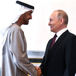 Emirati and Russian presidents meet in St. Petersburg, Russia on Oct. 11, 2022. (Handout photo via Russian Presidency)