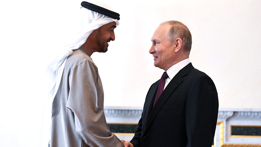 Emirati and Russian presidents meet in St. Petersburg, Russia on Oct. 11, 2022. (Handout photo via Russian Presidency)