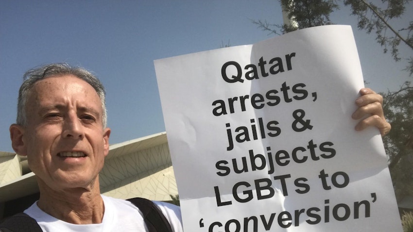 LGBTQ activist Peter Tatchell protests in Doha on Oct. 25, 2022 (Source: PeterTatchell/Twitter)