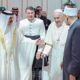 Bahrain's King Hamad bin Isa Al Khalifa with Pope Francis II, and the Grand Imam of Egypt’s Al-Azhar mosque Ahmed Mohamed El-Tayeb in Manama, Bahrain on Nov, 6, 2022. (Handout photo via BNA)
