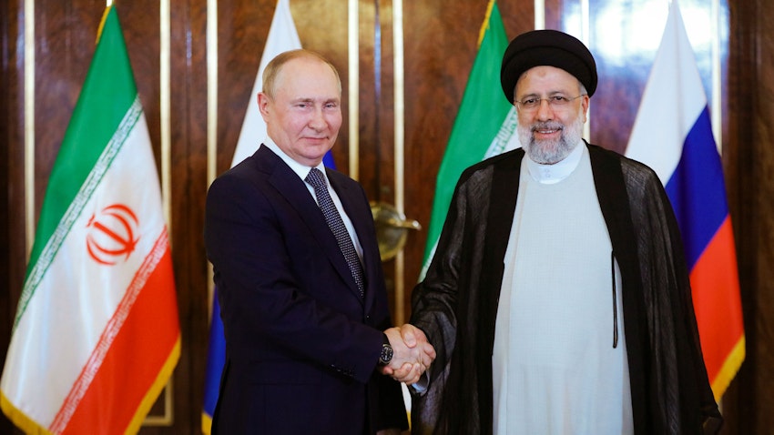 Russian President Vladimir Putin meets with his Iranian counterpart Ebrahim Raisi in Tehran, Iran on July 19, 2022. (Photo via Iranian presidency)