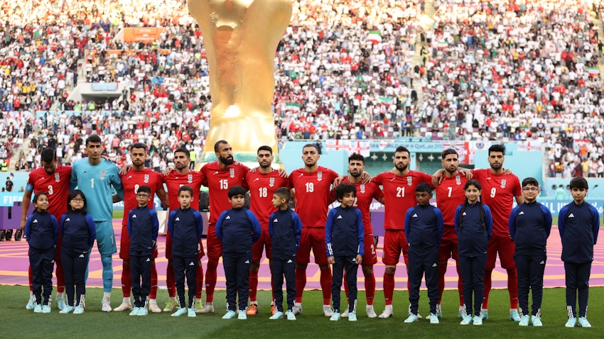 Iran players line up ahead of the FIFA World Cup match with England in Doha, Qatar on Nov. 21, 2022. (Photo via Getty Images)